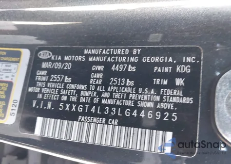 2020 Kia Optima Lx from USA, damaged, VIN 5XXGT4L33LG446925